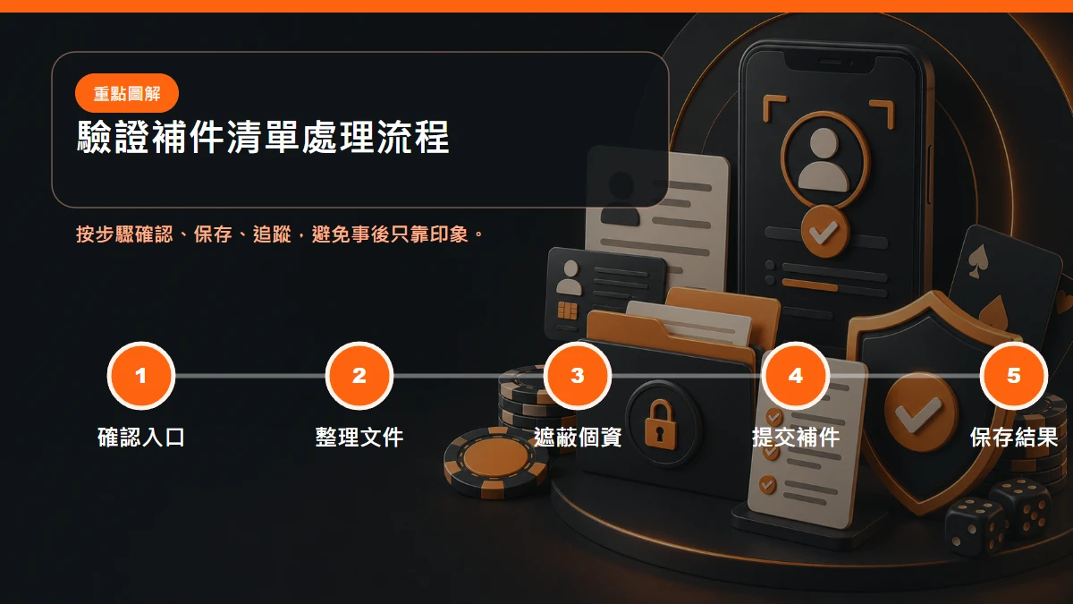 驗證補件清單處理流程,從確認入口到整理文件到遮蔽個資到提交補件到保存結果