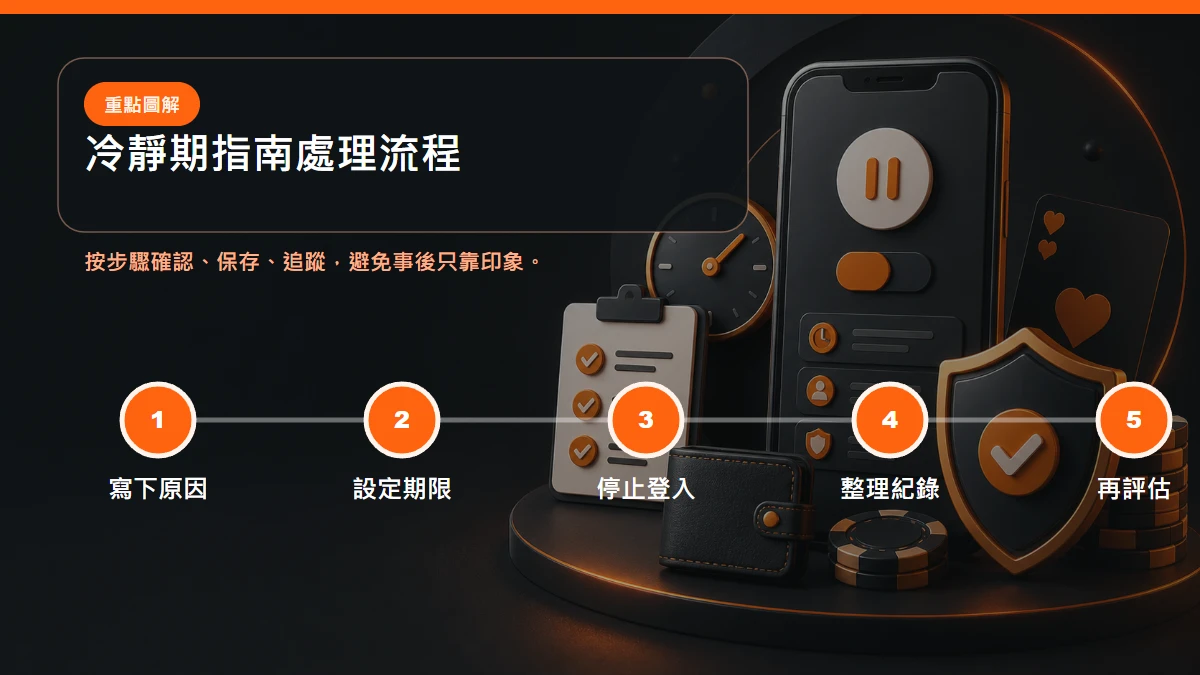 冷靜期指南處理流程，從寫下原因到設定期限到停止登入到整理紀錄到再評估