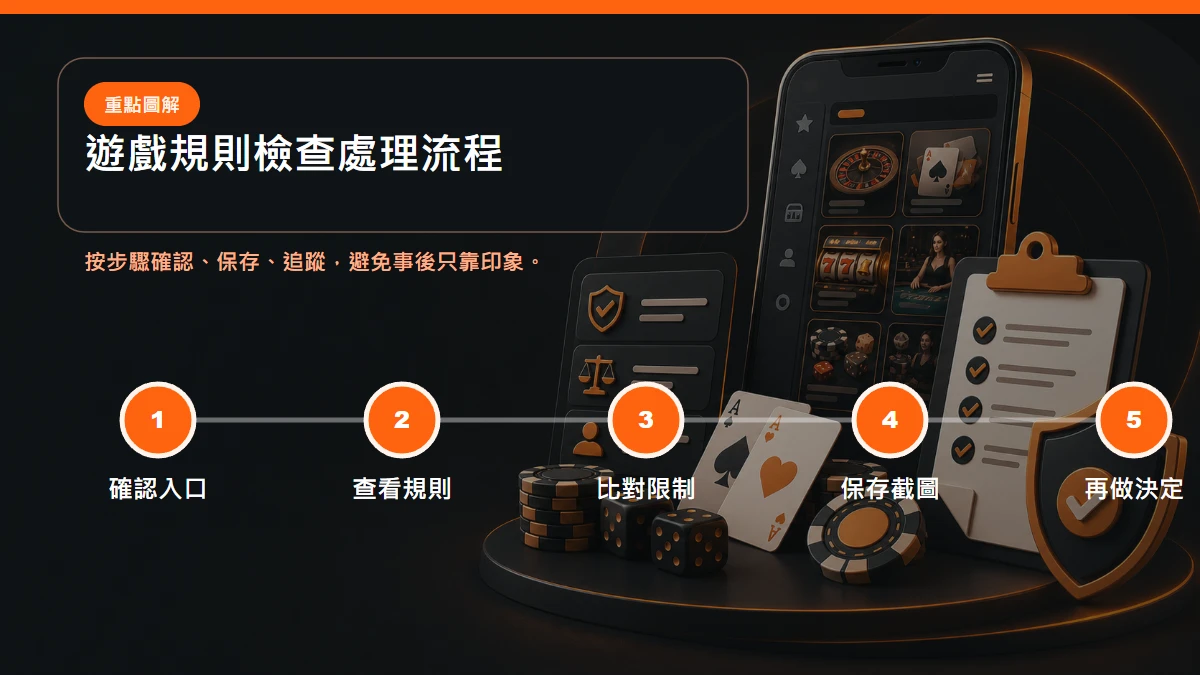 遊戲規則檢查處理流程,從確認入口到查看規則到比對限制到保存截圖到再做決定