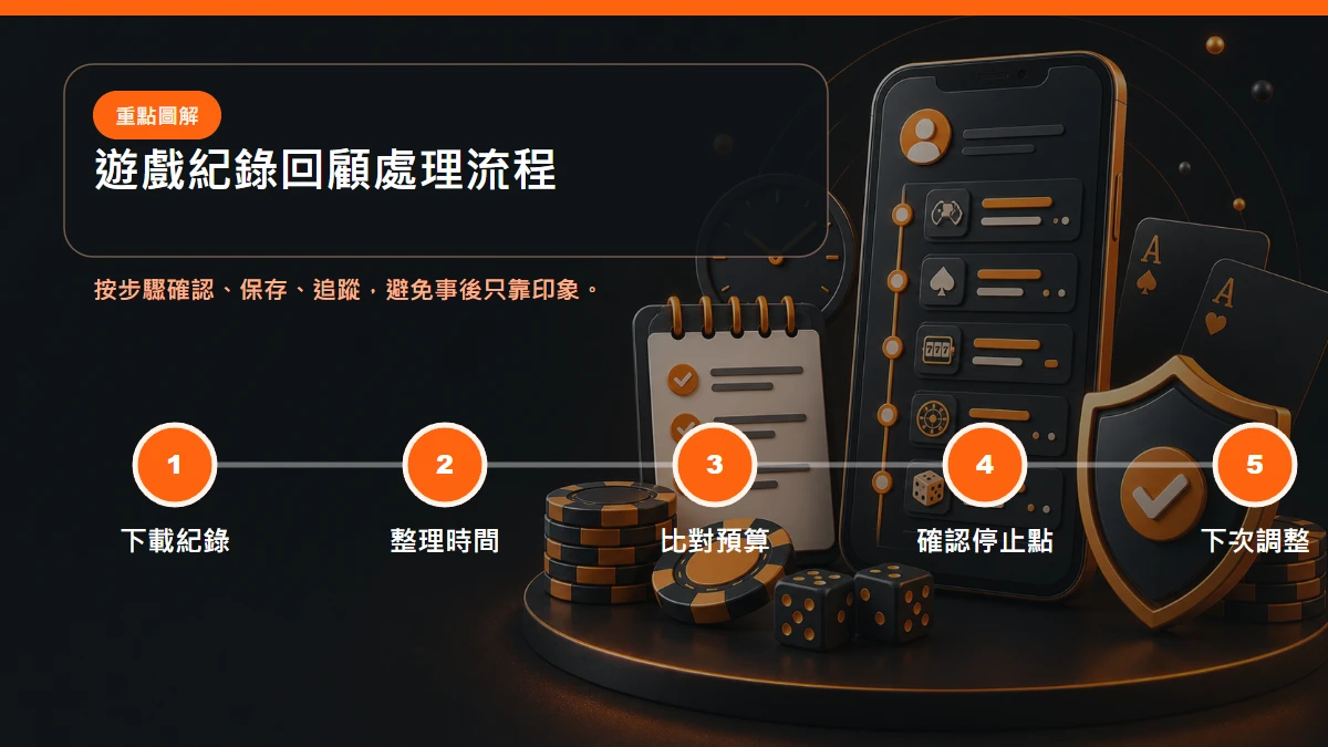 遊戲紀錄回顧 處理流程，包含下載紀錄、整理時間、比對預算、確認停止點、下次調整