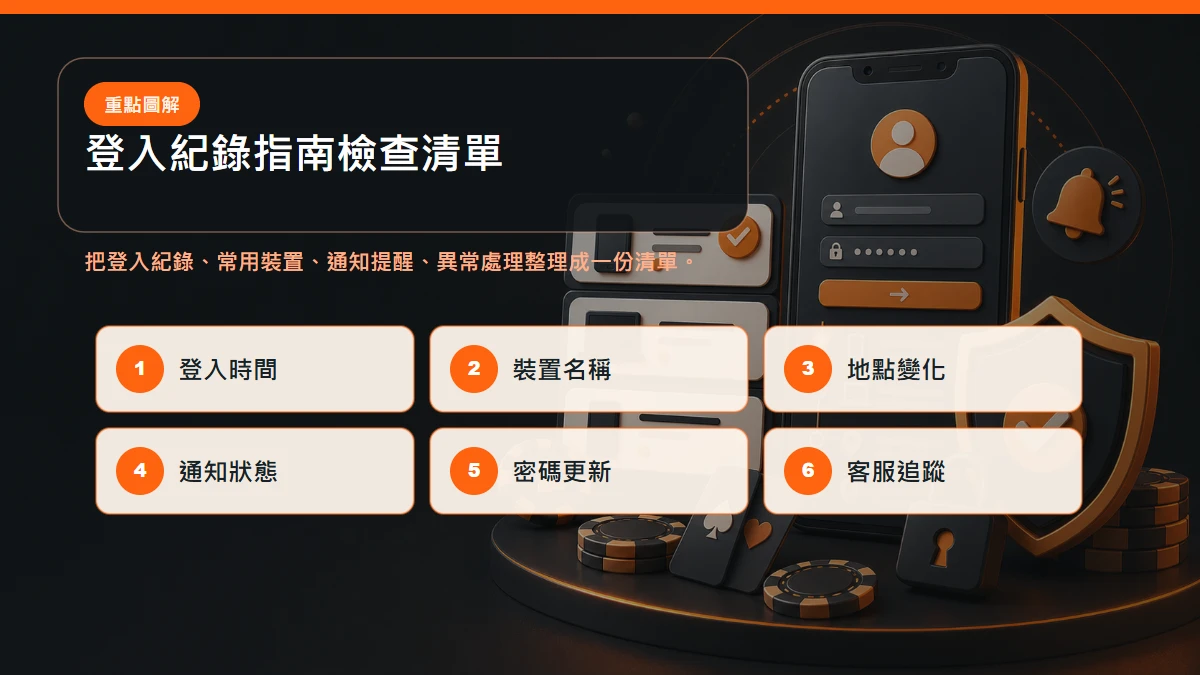 登入紀錄指南檢查清單，包含登入紀錄、常用裝置、通知提醒、異常處理