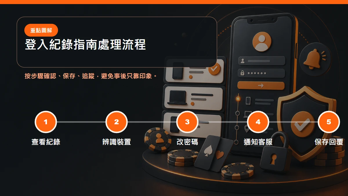 登入紀錄指南處理流程，從查看紀錄到辨識裝置到改密碼到通知客服到保存回覆