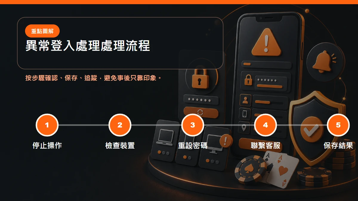 異常登入處理 處理流程，包含停止操作、檢查裝置、重設密碼、聯繫客服、保存結果