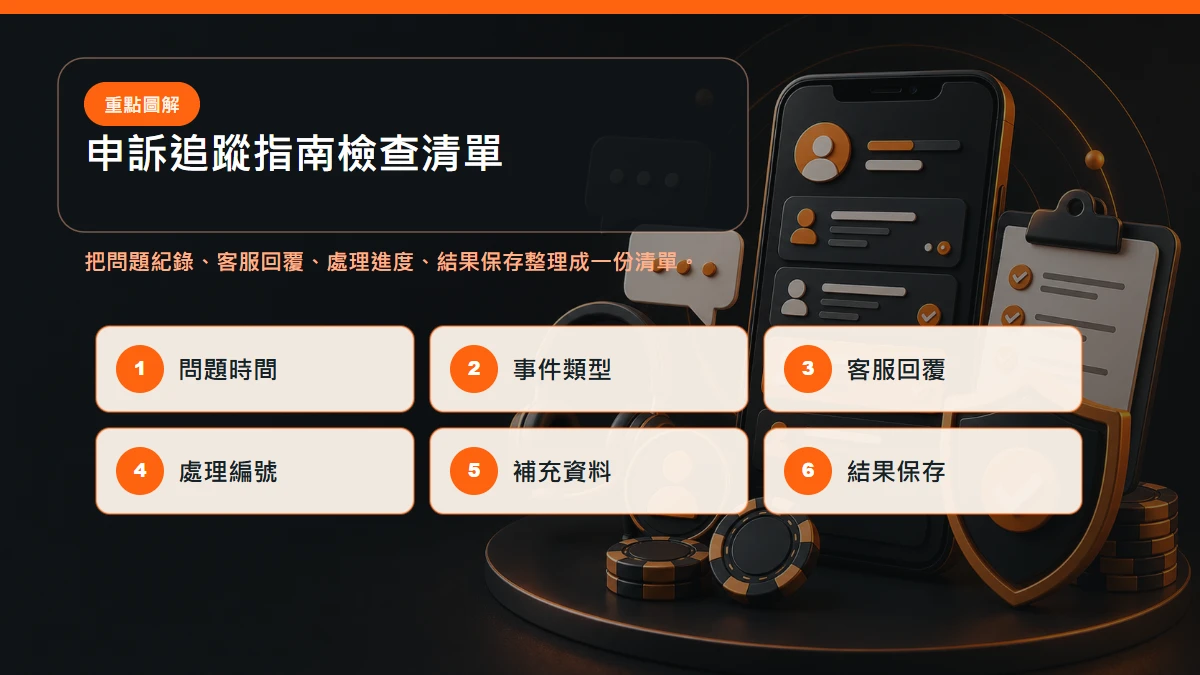 申訴追蹤指南 檢查清單，包含問題紀錄、客服回覆、處理進度、結果保存