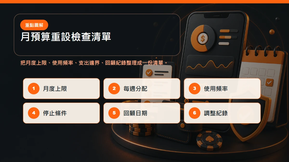 月預算重設 檢查清單，包含月度上限、使用頻率、支出邊界、回顧紀錄