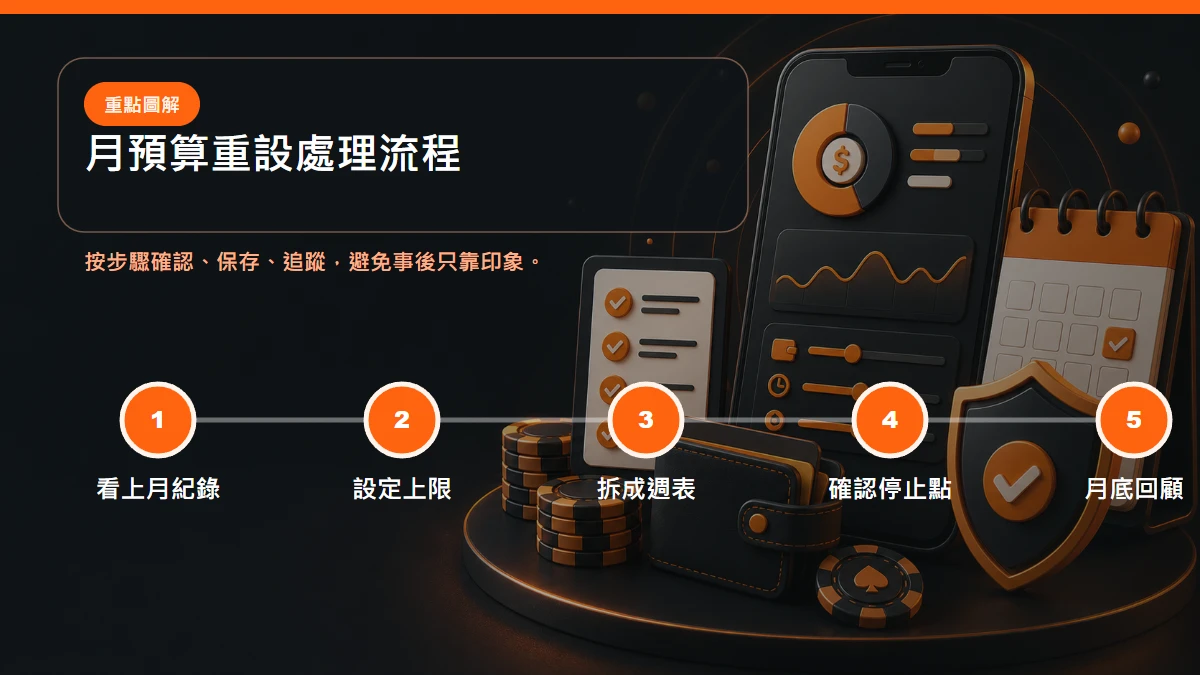 月預算重設 處理流程，包含看上月紀錄、設定上限、拆成週表、確認停止點、月底回顧