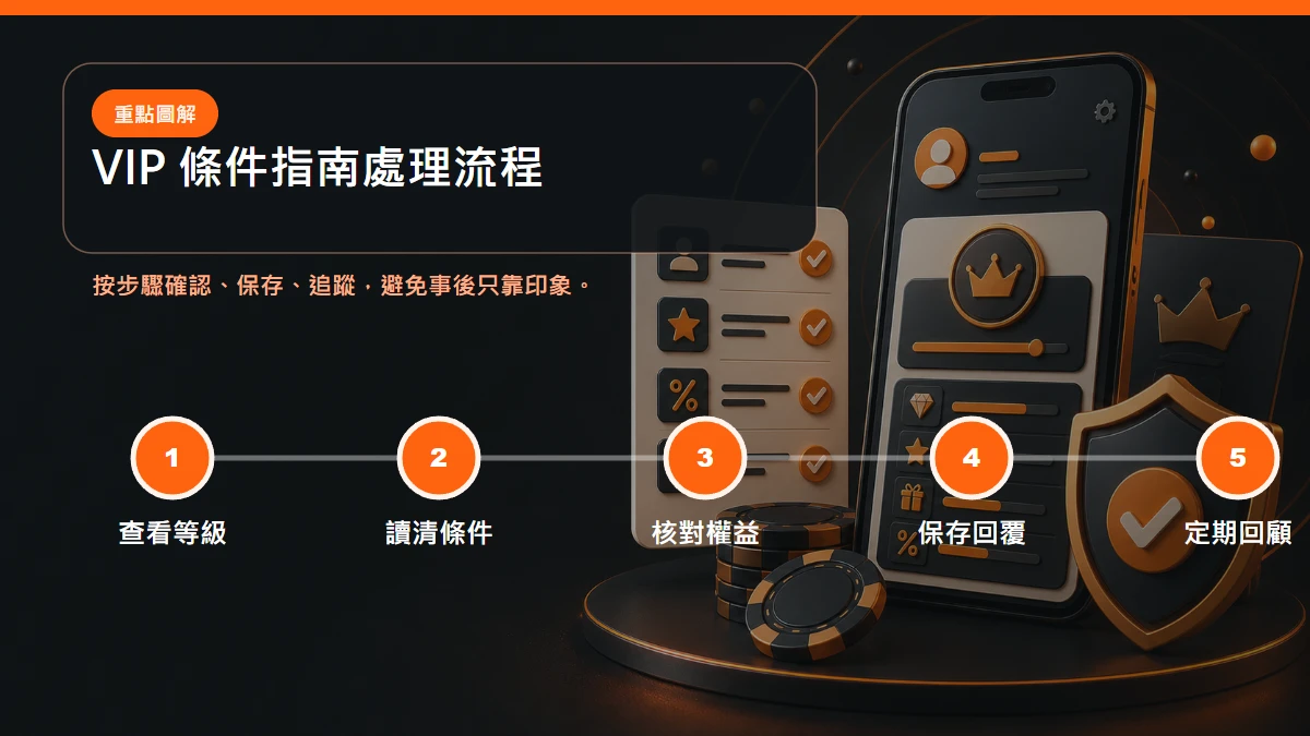 VIP 條件指南處理流程,從查看等級到讀清條件到核對權益到保存回覆到定期回顧