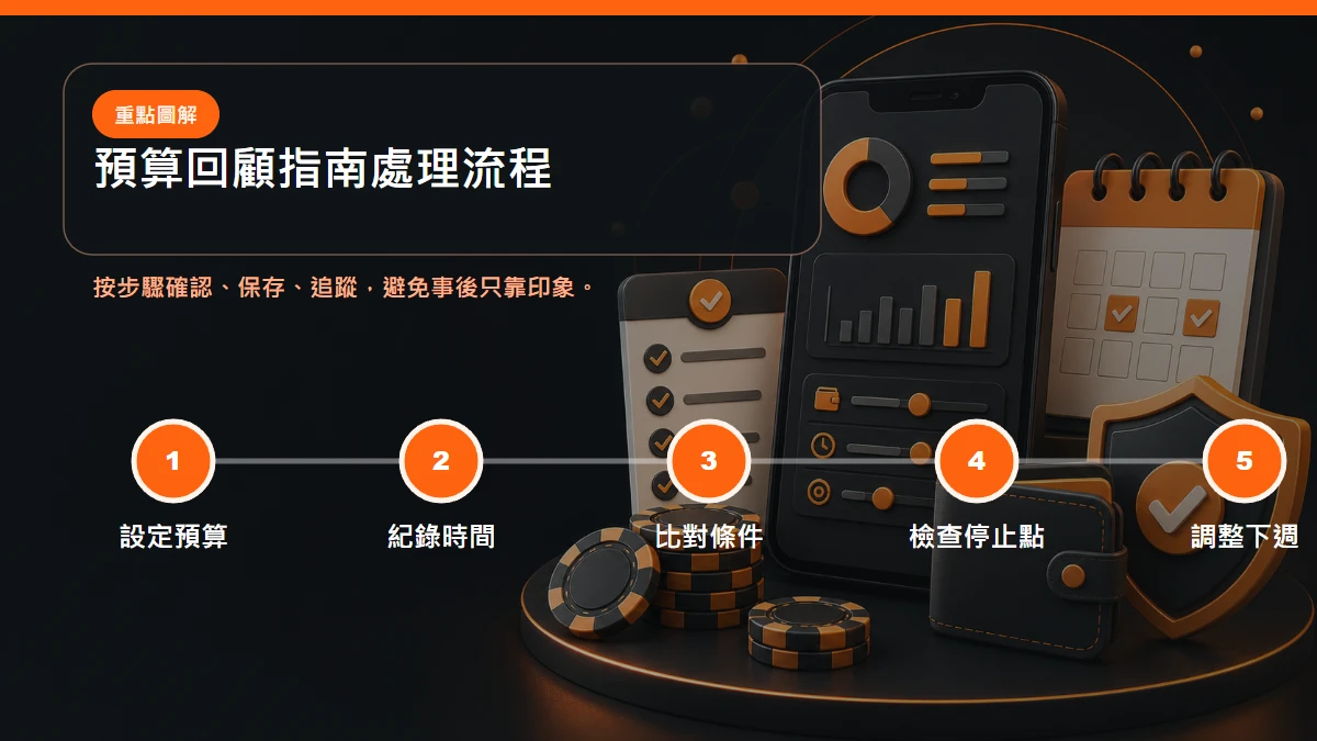 預算回顧指南處理流程，從設定預算到紀錄時間到比對條件到檢查停止點到調整下週