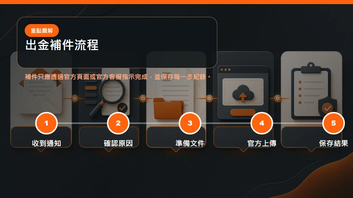 出金補件流程,從收到通知、確認原因、準備文件到官方頁面上傳與保存結果
