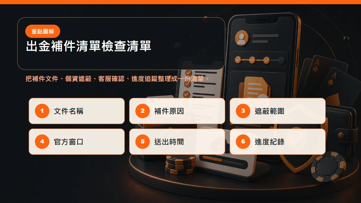 出金補件清單 檢查清單，包含補件文件、個資遮蔽、客服確認、進度追蹤