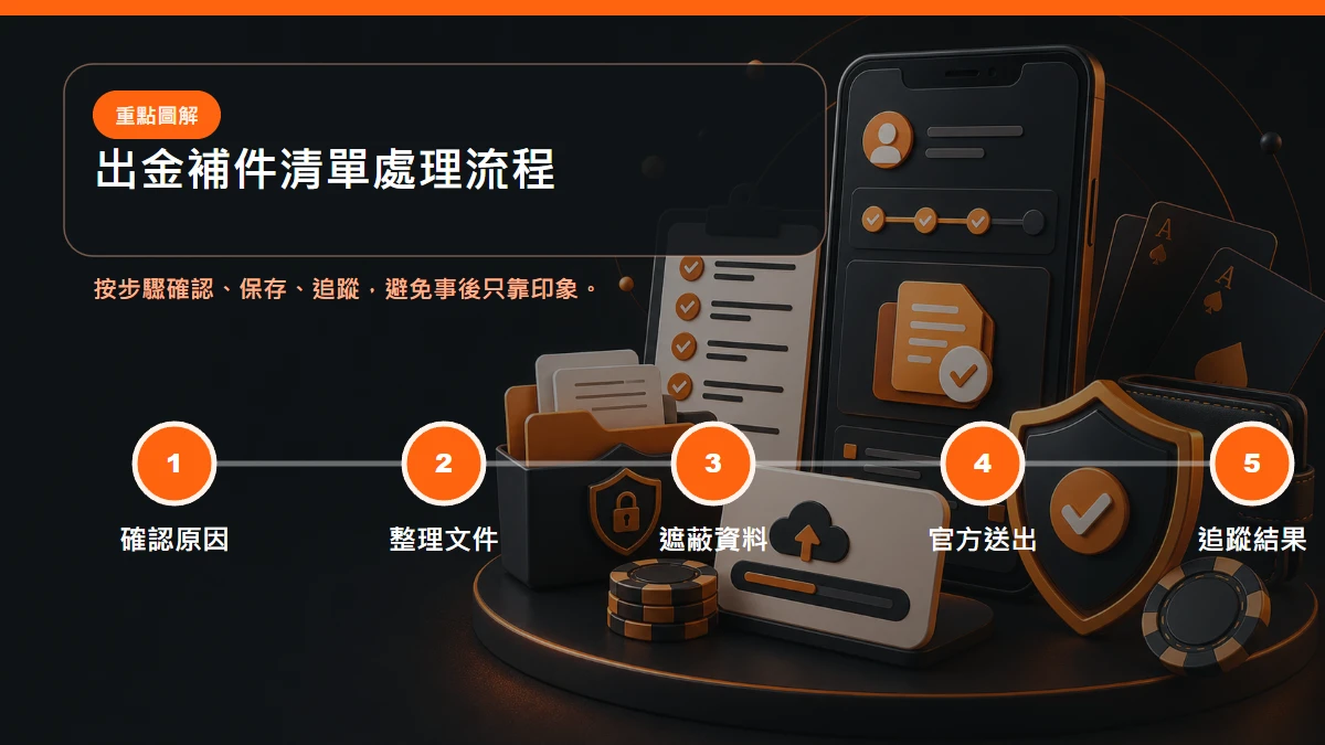 出金補件清單 處理流程，包含確認原因、整理文件、遮蔽資料、官方送出、追蹤結果