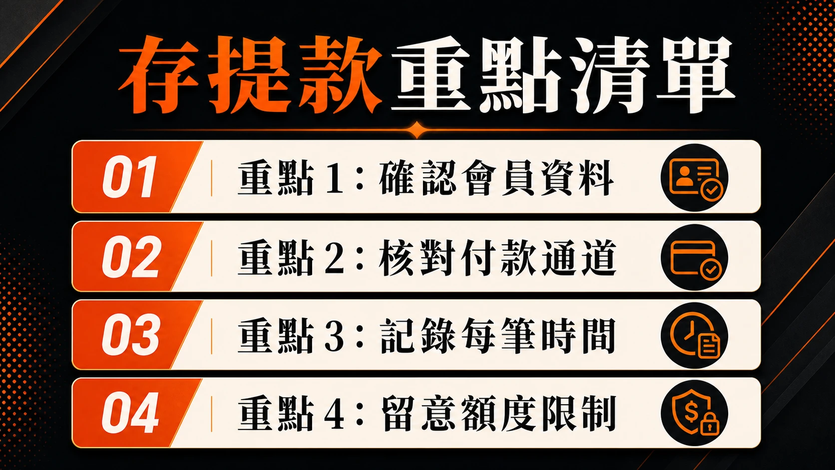 存提款重點清單,重點包含:確認會員資料、核對付款通道、記錄每筆時間、留意額度限制