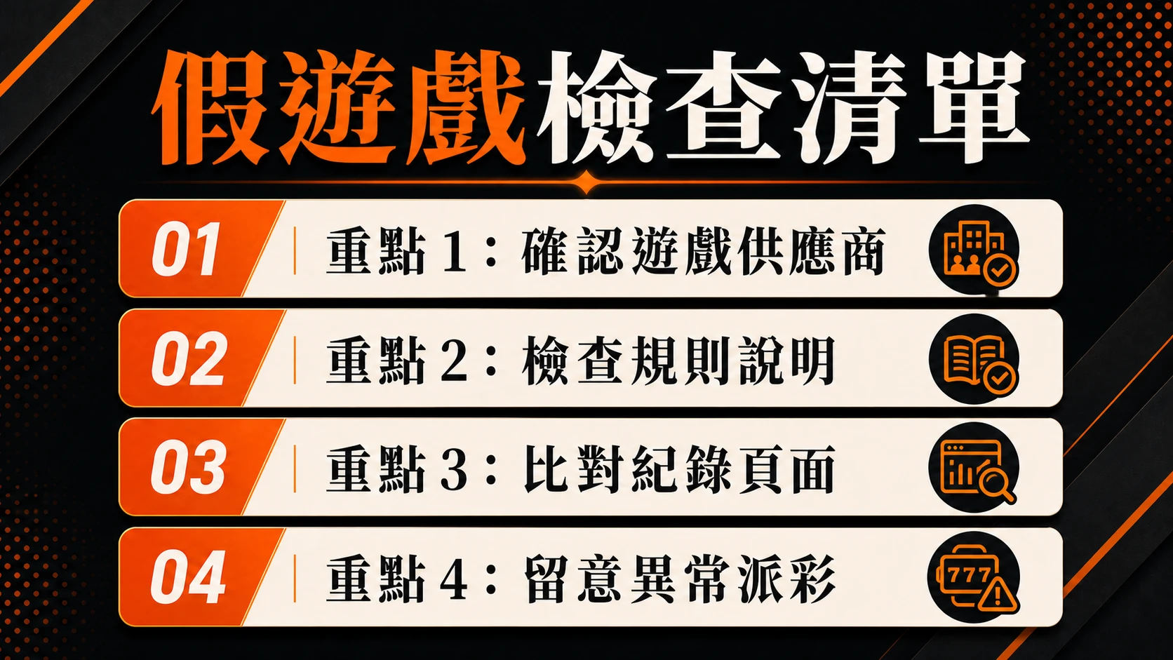 假遊戲檢查清單,重點包含:確認遊戲供應商、檢查規則說明、比對紀錄頁面、留意異常派彩